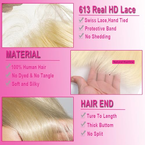 613 Frontal Straight 13x6 Transparent HD Lace Frontal Closure 12A Brazilian Virgin Remy Hair Free Part Ear to Ear Blonde Frontal Human Hair For Women Pre Plucked With Baby Hair 150% 14 Inch