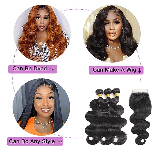 Bundles with Closure Human Hair Body Wave 100% Unprocessed Brazilian Virgin Human Hair 3 Bundles with Closure£¨14 16 18+12£©Human Hair Extensions with 4x4 Free Part Lace Closure Natural Black