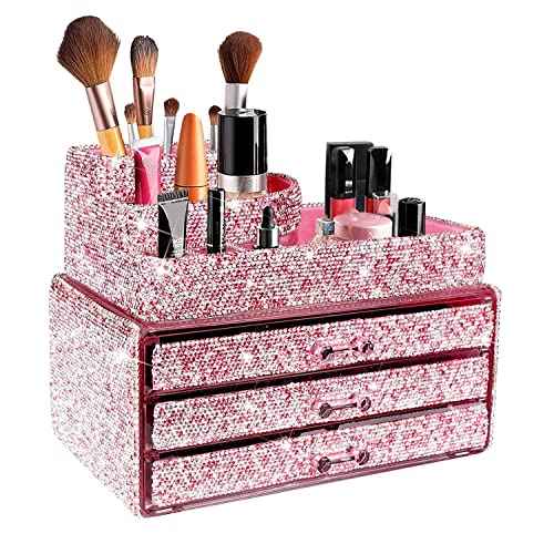 KEYPOWER Makeup Organizers Drawer Bling Diamond,Countertop Jewelry Cosmetic Storage Display Boxes,Makeup Brush Holder,2 Pieces Set(Purely Handmade)(Pink)