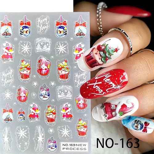 6Sheets Christmas Nail Art Stickers Decals 3D Self-Adhesive Christmas Nail Art Supplies 3D Xmas Snowflake Santa Cartoon Snowman Nail Art Design for Women New Year DIY Nail Decor