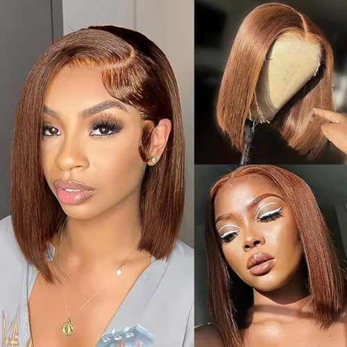 Bob Wig Human Hair 13x4 Lace Frontal Chocolate Brown Lace Front Wigs Pre Plucked Short #4 Brown Colored HD Transparent Human Hair Wear and Go Glueless Wigs for Black Women 12 Inch