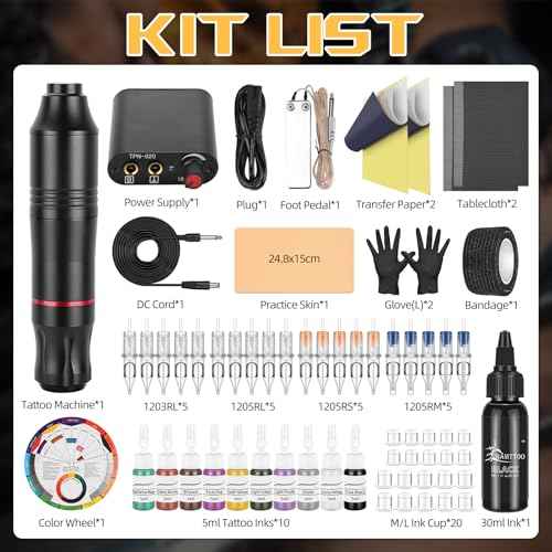 Tattoo Pen Kit Tattoo Cartridge Needles Tattoo Machine for Beginners Rotary Tattoo Pen Kits Complete Tattoo Sets (BLACK)