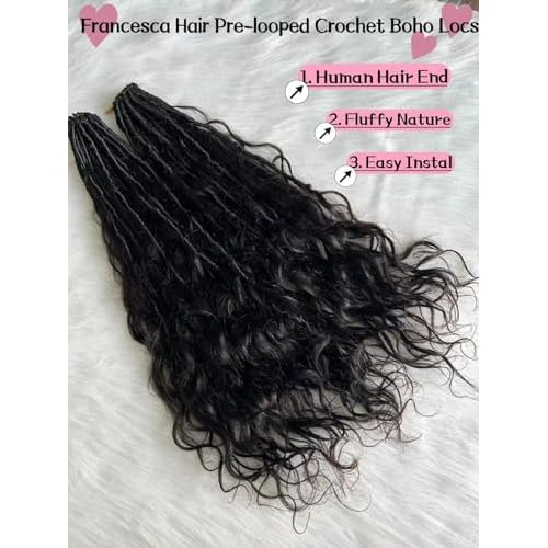 Pre-looped Crochet Boho Faux Locs with Human Hair body wave Ends Boho Hair Braids Goddess Dreadlocks Hair for Black Women Natural Color 18 Inch (Pack of 1)