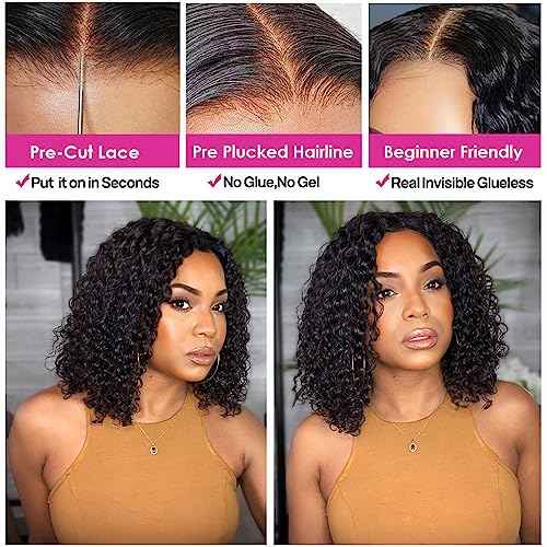 GOLFMAX Wear and Go Glueless Wigs Human Hair Pre Plucked Pre Cut Short Bob Wig Human Hair Wigs With Elastic Band For Black Women Deep Wave Curly 4x4 Closure Wig Water Wave Wigs 12 Inch