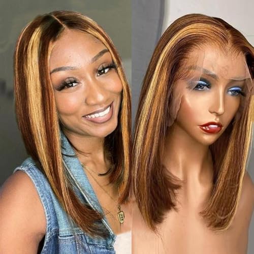 Highlight Lace Front Bob Wig Human Hair 16 Inch Ombre Honey Blonde 13x4 Hd Lace Front Wigs Human Hair Pre Plucked Middle Part 4/27 Colored Lace Frontal Wigs (Highlight 4/27, 16 Inch)