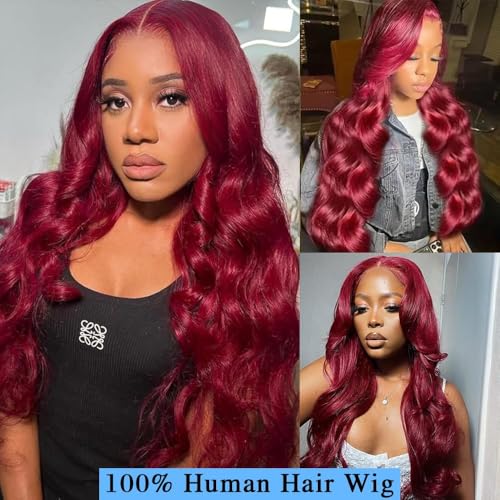99j Burgundy Lace Front Wigs Human Hair 13x4 Body Wave Lace Front Wigs Human Hair Pre Plucked Glueless Red Wig Wine Red Wig for Women 180% Density 26Inch