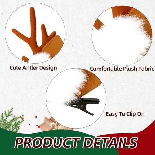 2 Pieces Reindeer Antler Hair Clips with Ears, Cute Brown Deer Costume Accessories for Christmas, Halloween, and Cosplay Party Dress-Up for Girls and Women