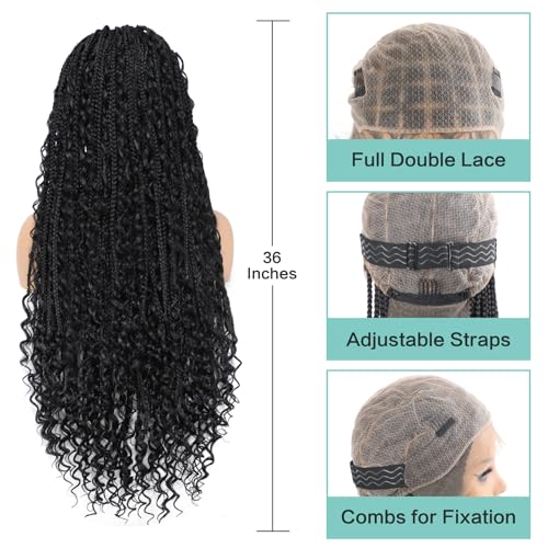 Boho Box Braid Knotless Goddess Locs Wigs with Curly Ends Double Full Lace Square Synthetic Braided Wigs with Baby Hair for Woman Natural Black 36 Inch
