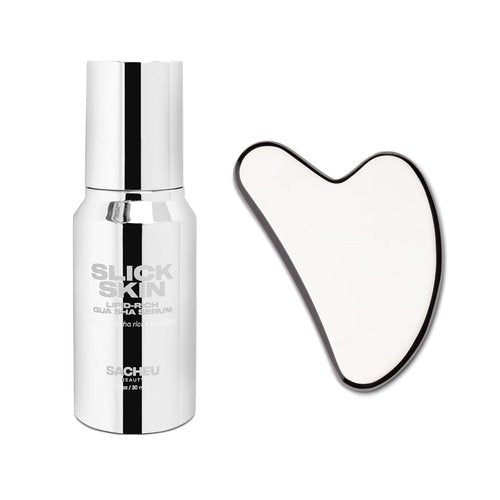 Sacheu Gua Sha Starter Kit with Slick Skin Oil — Face Gua Sha for Enhanced Lymphatic Drainage, Reduced Puffiness and Relieved Facial Tension — Metal Face Sculpting Tool With Travel Pouch