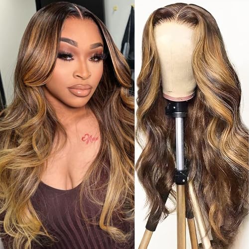 22 Inch 5x5 HD Lace Closure Wigs Human Hair Wear and Go Glueless Wigs Pre Plucked Pre Cut 180% Highlight Ombre Lace Front Wig 4/27 HD Honey Blonde Wig Human Hair
