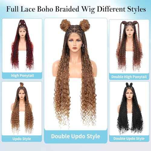 Boho knotless Braided Wigs for Women Boho Braid Wig Full Double Lace Front Bohemian Box Braid Wig with Baby Hair Premium Synthetic Braided Lace Front Wig 36" Mix Brown and Light Brown