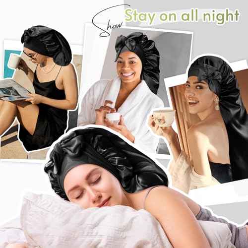 BONNET QUEEN Braid Bonnet Silk Bonnet Foldable Extra Long Wrap for Braids Satin Bonnets with Tie Band Long Sleep Cap, Black
