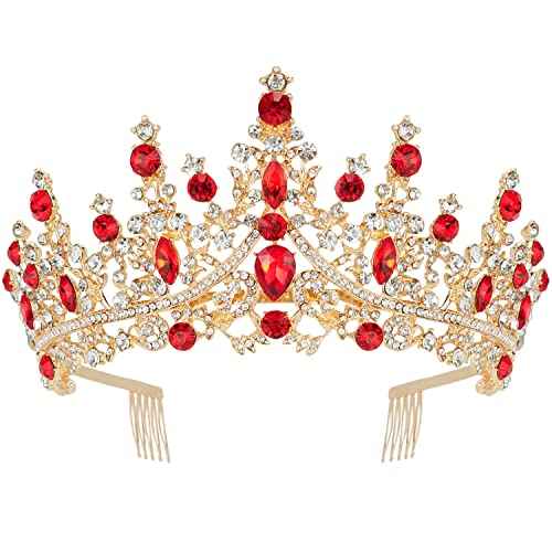 CURASA Crystal Tiaras and Crowns with Comb Princess Crown for Women Rhinestones Wedding Crown for Bride Birthday Crowns for Women Girls Royal Queen Crowns for Custome (Red)