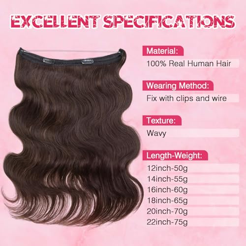 Halo Hair Extensions Real Human Hair, MY-LADY Adjustable Halo Extensions Real Human Hair, 18 inch Dark Brown Women's Long Wavy Hair Invisible Wire Hair Extensions