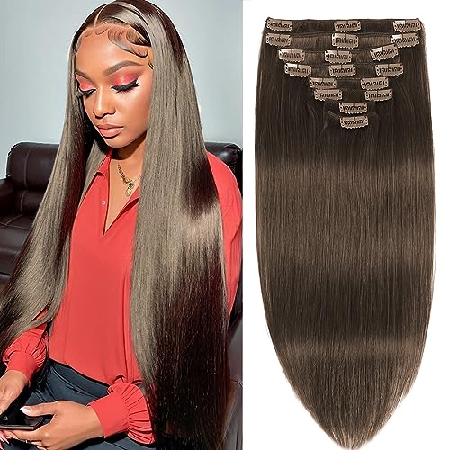 Chocolate Brown Clip in Hair Extensions Real Human Hair Clip ins Remy Human Hair Clip in Extensions Invisible Natural Straight Seamless Clip on Hair Extensions 8pcs Double Weft 22 Inch 90g