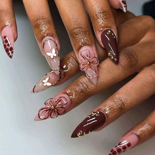 Stiletto Press on Nails Long Cute Flowers and Butterflies with Golden Lines and Steel Beads Fake Nails Press ons Brown Almond Acrylic Glue on Nail Glossy Stick on Nail for Women 24 Pcs
