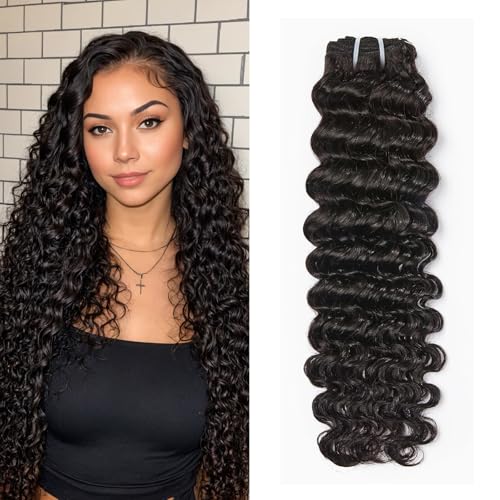 Wequeen 16A Deep Wave Human Hair Bundles 28 Inch 100% Unprocessed Brazilian Virgin Hair Quick Weave Bundles Human Hair Extensions Real Human Hair, Natural Black