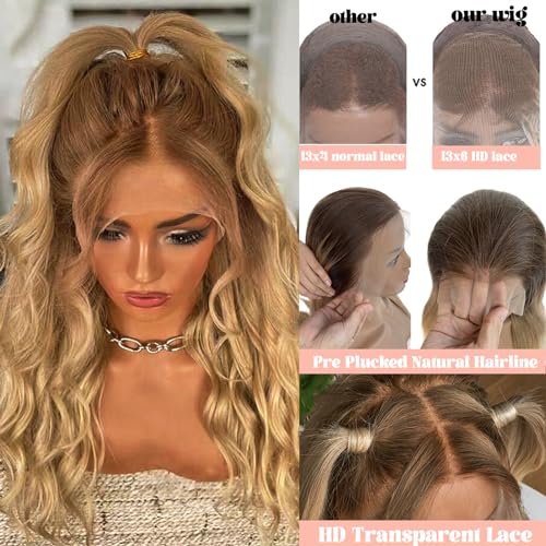 13x6 Ombre Blonde Lace Front Wigs Human Hair,HD Transparent Brown to Ash Blonde Straight Lace Frotal Human Hair Wig with Brown Roots Pre Plucked Bleached Knots Brazilian Virgin Human Hair Wig