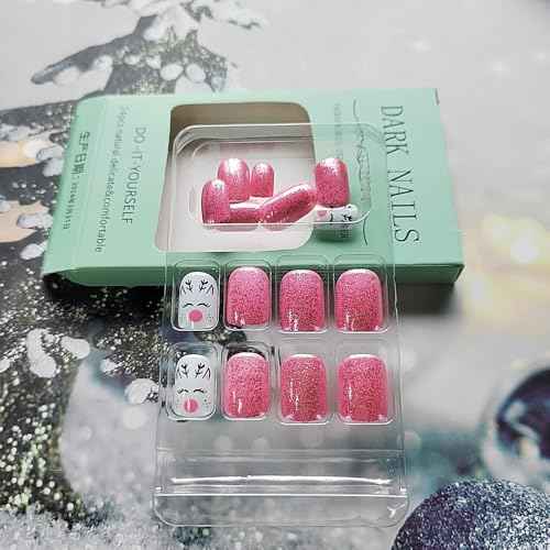 Christmas Press on Nails Short Square - MINGCHUN Pink Glitter Fake Nails Winter Xmas Press on Nails Elk with Design Glossy Nails Christmas Glue on nails Christmas Acrylic Nails for Women 24 PCS