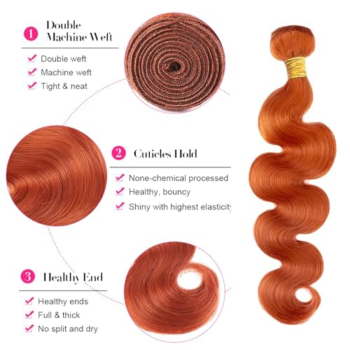 #350 Ginger Orange Bundles Human Hair Body Wave Bundles 24 26 28 Inch Unprocessed Brazilian Virgin Orange Remy Hair 3 Bundle Body Wave Human Hair Extensions 50 Gram Per Bundle for Women