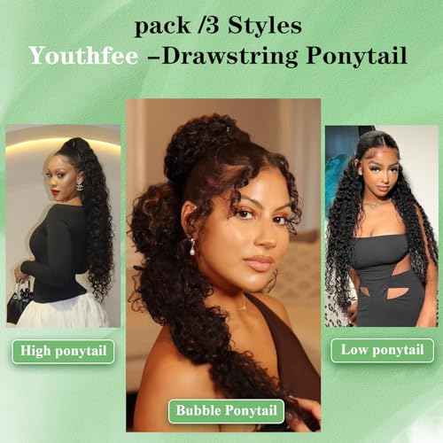 Youthfee 27¡± Drawstring Ponytail Deep Curly Heat Resistant Instant Clip Ponytail Extension Protective Style Afro Kinky Curly Hair Pieces for Women