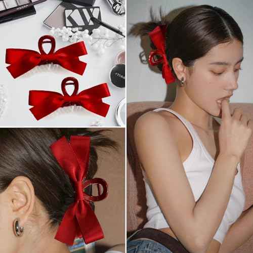 Sizobi Red Hair Bows Clips Satin Bow Claw Clip, Big Christmas Hair Bows Barrettes Hair Accessories for Women Girls 2pcs, Large Red Bow for Thin Thick Curly Hair
