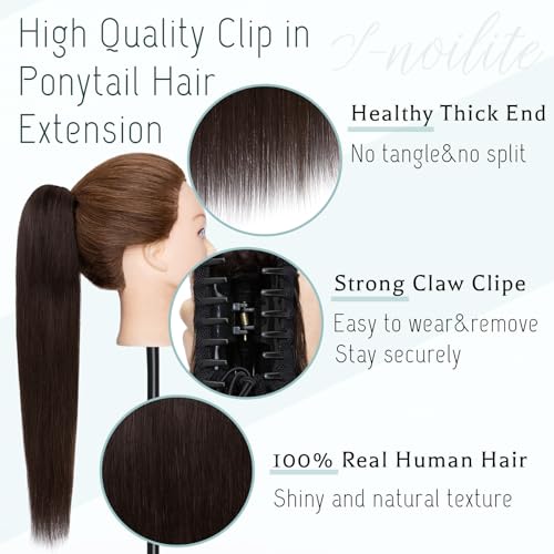 S-noilite Claw Clip Ponytail Extension Human Hair #2 Dark Brown Real Remy Human Hair Ponytail Extension 14inch Long Straight Hair Pony Tails Hair Extensions For Women 105Grams