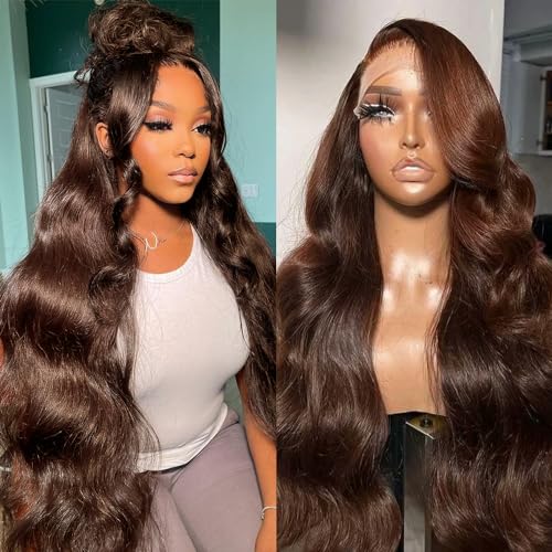 XZZ 32 Inch Chocolate Brown Lace Front Wig Human Hair 13X4 HD Lace Closure Dark Brown Human Hair Wig #4 Brown Body Wave 200% Density Virgin Pre Plucked with Baby Hair for Women