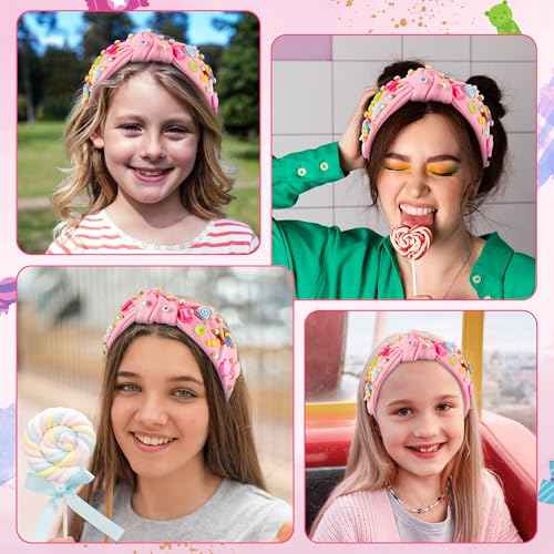 PANTIDE Candy Jeweled Knotted Headband - Halloween Rainbow Lollipop Rhinestone Embellished Preppy Headband Non Slip Wide Top Knot Hairband Hair Accessories Birthday Gift for Women Girls (Pink)