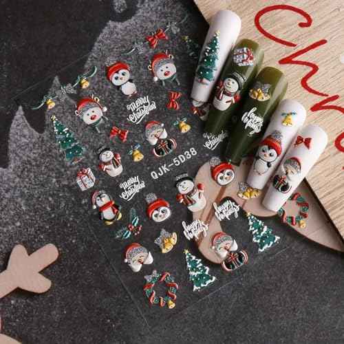 Christmas Nail Art Stickers White Snowflake 5D Embossed Nail Decals for DIY or Nail Salon, Self-Adhesive Santa Claus Xmas Tree Green Dwarf Design Acrylic Stickers Nail Art Supplies for Women Decor
