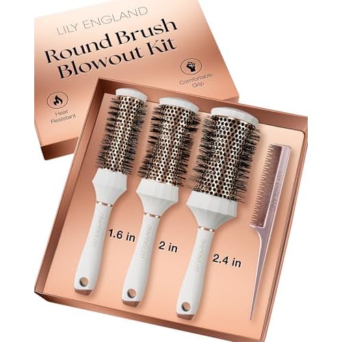 Lily England Round Hair Brush Set, 4 Piece Professional Blow Dry Kit with 3 Round Brushes and Comb for Styling, Beauty Gifts Sets for Women (White)