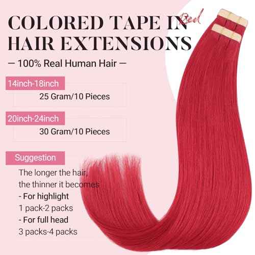 MAXITA Tape in Hair Extensions Human Hair Red Hair Extensions Tape ins, 10pcs 30g 22 Inch Colored Party Highlight Tape in Extensions Straight Soft Real Human Hair Extension