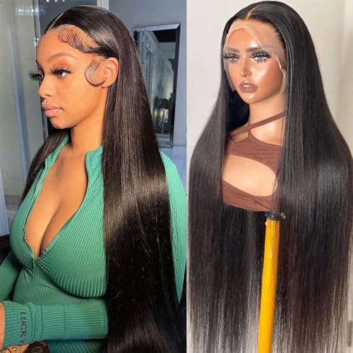 13x6 Lace Front Wigs Human Hair 180 Density HD Transparent Straight Lace Front Human Hair Wigs for Women Straight Lace Front Wigs Pre Plucked with Baby hair Natural Color (24 Inch)