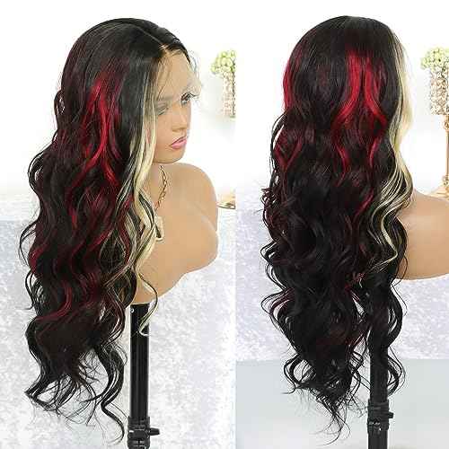 Highlight Red Skunk Stripe Blonde Synthetic Lace Front Wig Glueless Long Wavy Colored Mixed Red Black 13x4 Lace Front Wigs for Women Pre Plucked with Baby Hair 24 Inches 150 Density