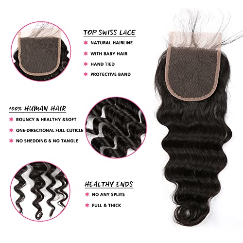 6x6 Lace Closure Loose Deep Wave Free Part Remy Virgin Human Hair Extensions Pre-plucked With Baby Hair Natural Black Color 14 inch