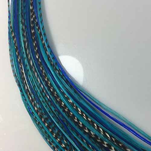 Feather Hair Extension ? Ocean Blue and Aqua Grizzly Feathers, All Bonded Together at the Tip, With a Total of 5 Feathers, Ranging From 7 to 10 Inches in Length