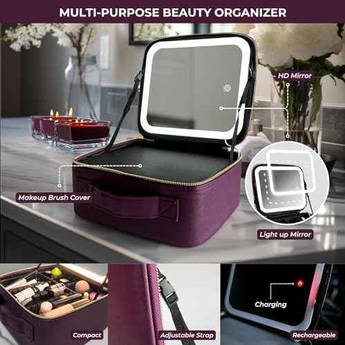 ZEVGANI Travel Makeup Bag with LED Mirror, Rechargeable Lighted Makeup Case with Adjustable Brightness & Dividers, Portable Makeup Box Organizer Vanity Case for Toiletries & Brushes, Plum Purple