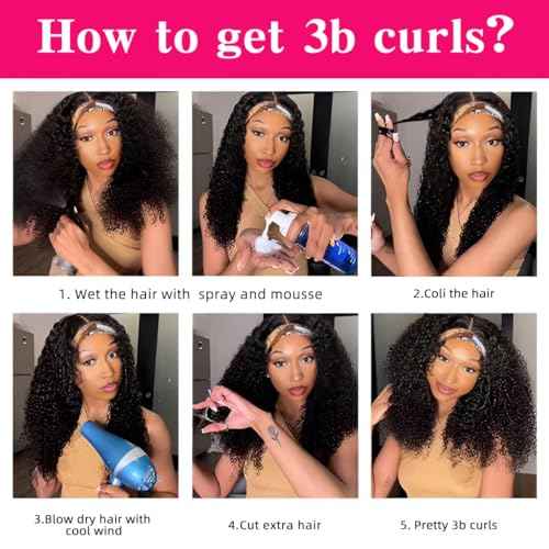 Smoothair Headband Wig Human Hair Kinky Curly Headband Wigs for Black Women Human Hair Wigs Glueless 18 Inch None Lace Front Wigs Brazilian 150% Density