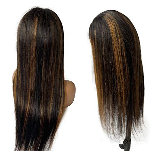 Smartinnov Dart Roots Brown Highlight Wig Ombre Blonde Human Hair Natural Black Mixed Medium Brown Highlights 13x4 Lace Front Pre Plucked with Baby Hair Silky Straight 16" 150% Bleached Knots Wigs
