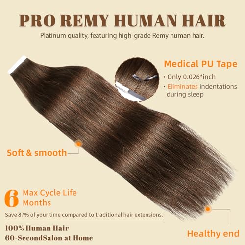 DNE Tape in Hair Extensions Real Human Hair 22 inches 20Pcs/50g/Pack Seamless #4 Medium Brown Dark Color Straight Invisible Double Sided Tape in Hair Extensions for Women/Girls Can Bleached and Curl