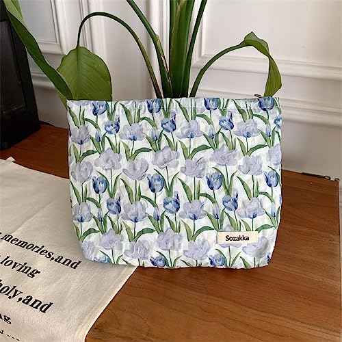 Makeup Bag for Women,Canvas Zipper Women Purse,Small Makeup Bag,Floral Cosmetic Bag,Fashion Cosmetic Brush Organizer,Sister Gift Travel Toiletries Bag(Blue)
