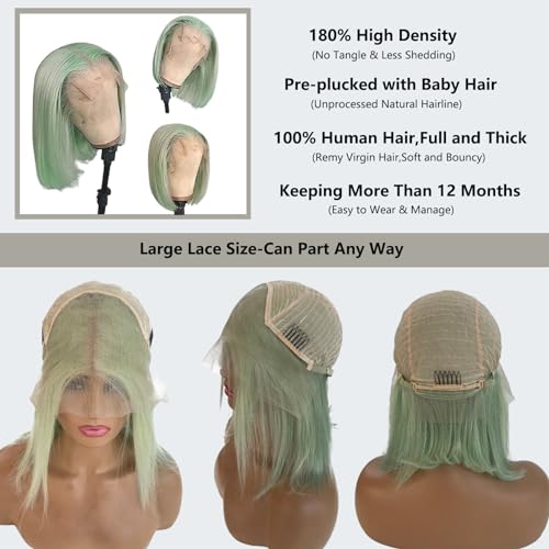 13x4 Free Part Wigs,Bleached Knots Lace Bob Wig Colored Mint Green,Full and Thick Remy Human Hair Wig Pre Plucked with Baby Hair,Straight HD Lace Front Wigs 180% Density(12Inch,Mint Green)