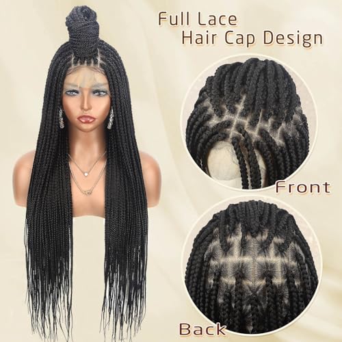 36" Full Lace Knotless Box Braided Wigs for Black Women Twisted Braids Lace Synthetic Frontal Black Cornrow Wig with Baby Hair, Lightweight (1B)