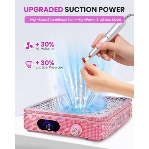 Cordless Nail Dust Collector, Rechargeable Powerful Suction Dust Collector for Nail Tech with 10 Speed Levels, Low Noise Nail Fan Dust Collector for Professional Salon & Home (Pink)