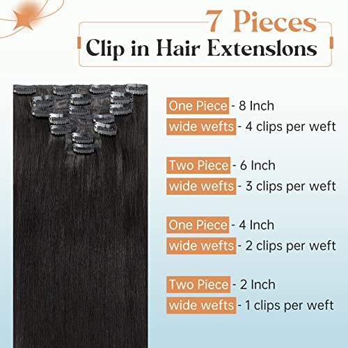 Elailite Clip in Human Hair Extensions, 125g 16 Inch 7pcs #1B Natural Black 100 Real Human Hair, Double Weft Handmade Soft Natural Straight Brazilian Virgin Remy Human Hair for Women