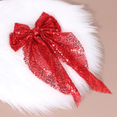 3PCS Big Bowknot Hair Clips Large Sequin Hair Bows Glitter Clips Soft Satin Silky Bowknot with long Tail Hair Bows Clips for Women and Girls Hair Accessories (rose red,red,green)