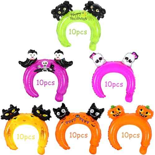 60 Pieces Halloween Inflatable Headband Cute Cartoon Balloons Hats Hair Hoops with Pattern Halloween Party Favors Photo Props