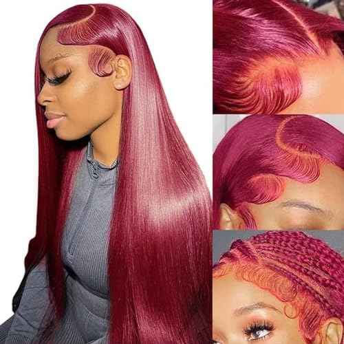 Burgundy Wig Human Hair 28inch 13x6 HD Transparent Lace Straight 99J Red Human Hair Wig Colored Reddish Brown Lace Frontal Wigs 180% Density Pre Plucked