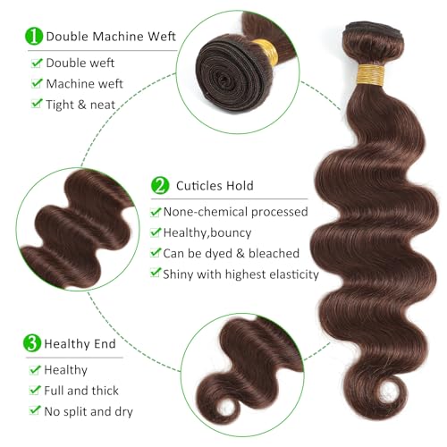 Kapelli Hair Brazilian Body Wave Bundles with Closure (12 14 16+12) 10A Light Brown Body Wave Human Hair Bundles with Lace Closure Brazilian Virgin Hair 3 Bundles with Lace Closure with Baby Hair