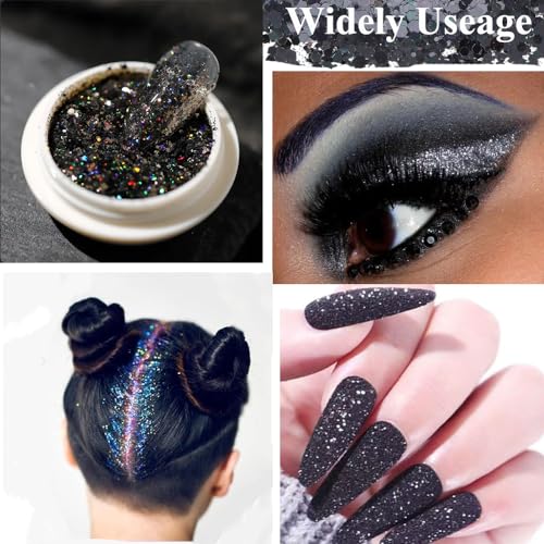 3 Boxes Black Nail Rhinestones with Fine Glitters Kit, 60Pcs Big Assorted Black Nail Gems with S6-S16 Flatback Round Stones,Crystals Nail Gem Stones for DIY Faces Body Crafts